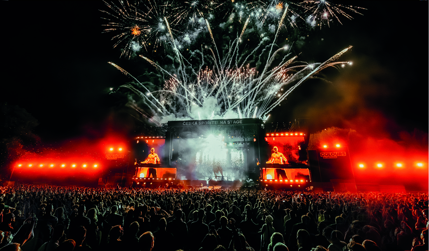 The Chainsmokers performing at Colours of Ostrava 2025 in front of thousands of festivalgoers with fireworks above the stage