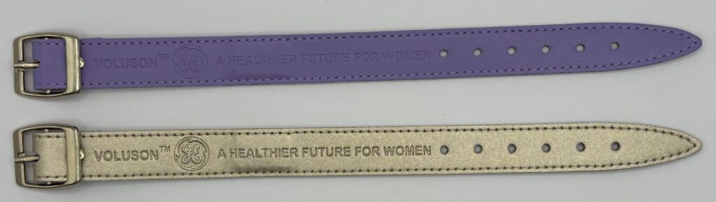 Custom RFID wristbands made from faux leather with embossing, buckle closure and embedded NFC chip